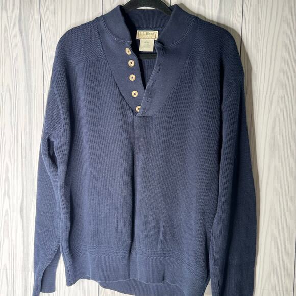 Vintage LL Bean Sweater Men Lg  Blue Chunky Knit 100% Cotton Quarter Button USA - Picture 3 of 9
